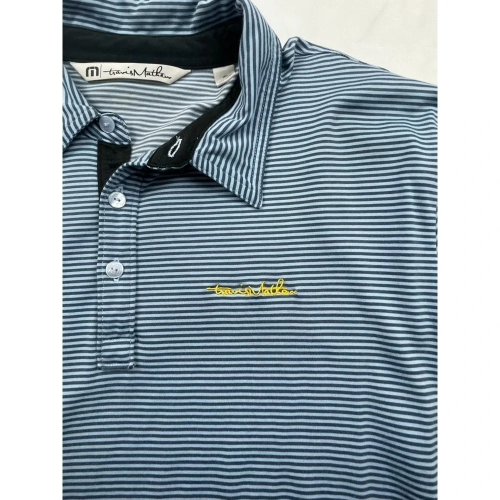 TRAVIS MATHEW POLO SHIRT MENS XL BLUE GREY STRIPED GOLF POLO SHORT SLEEVE CLUB